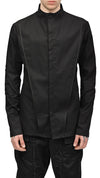 MINOAR - DECONSTRUCT COLLARLESS LAYER SHIRT, IN BLACK