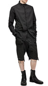 MINOAR - DECONSTRUCT COLLARLESS LAYER SHIRT, IN BLACK